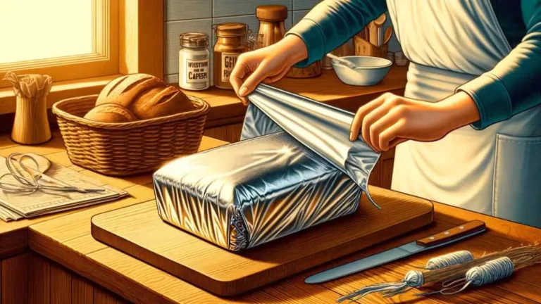 A Person Wrapping The Food With Silver Paper